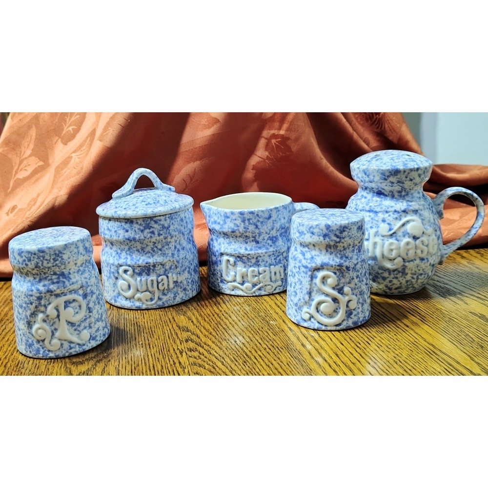VTG Pottery Craft Set Of Blue Spongeware - Sugar, Creamer, Salt, Pep, Cheese EUC